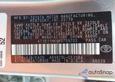 2019 Toyota Camry Se z USA, uszkodzony, nr VIN 4T1B11HKXKU759702